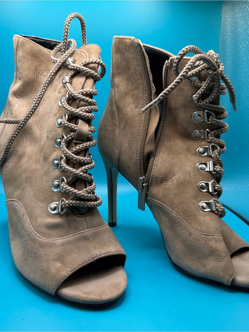 Charles David Taupe Suede Lace-Up Peep-Toe Ankle Boots